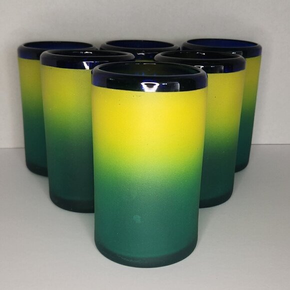 SET 6 HAND BLOWN MEXICAN GLASS TUMBLERS FROSTED YELLOW GREEN BLUE RIM - Picture 1 of 9